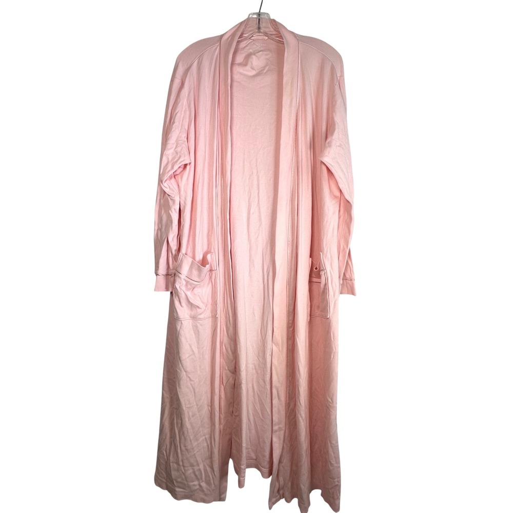 Lands End Pink Cotton Long Sleeve Robe Plus Size 0X 14W Pockets Satin Trim